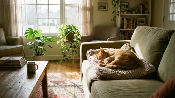 gato laranja deitado em um sofa sozinho em casa